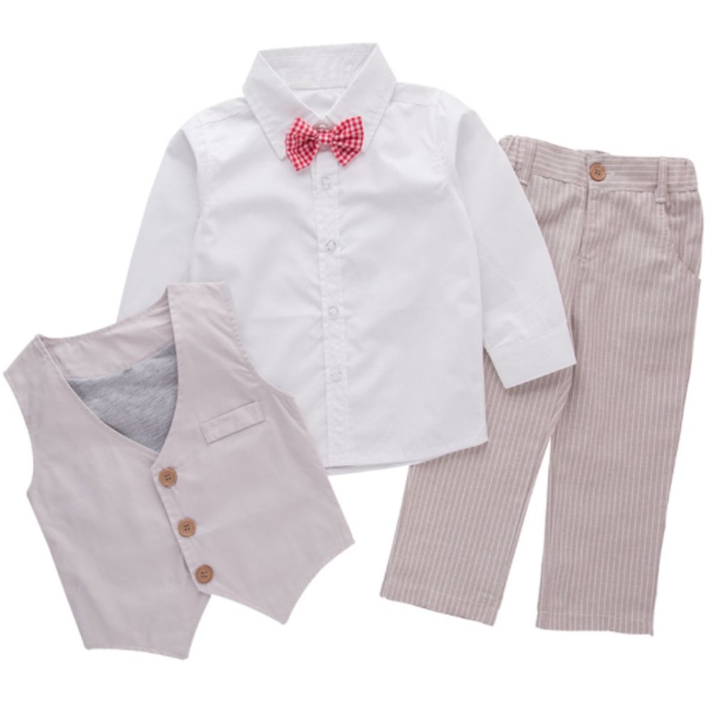 Khaki Formal Wear Red Plaid Bowtie Shirt, Vest & Striped Pants 3pcs Boy Outfit
